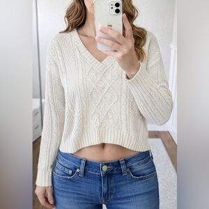 Vintage Ivory Cable Knit Womens Medium Oversized Chunky Fisherman Preppy Cropped